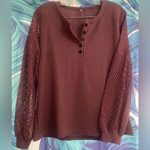 Lace Sleeve Henley Top - Burgundy